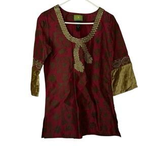 Tracy Porter Women’s Boho Brocade Tunic Top Burgundy Gold Size M Embellished